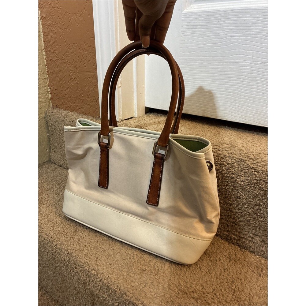 Coach Hampton Carry all Tote 7771 Light Pink/White & Green Canvas White Leather